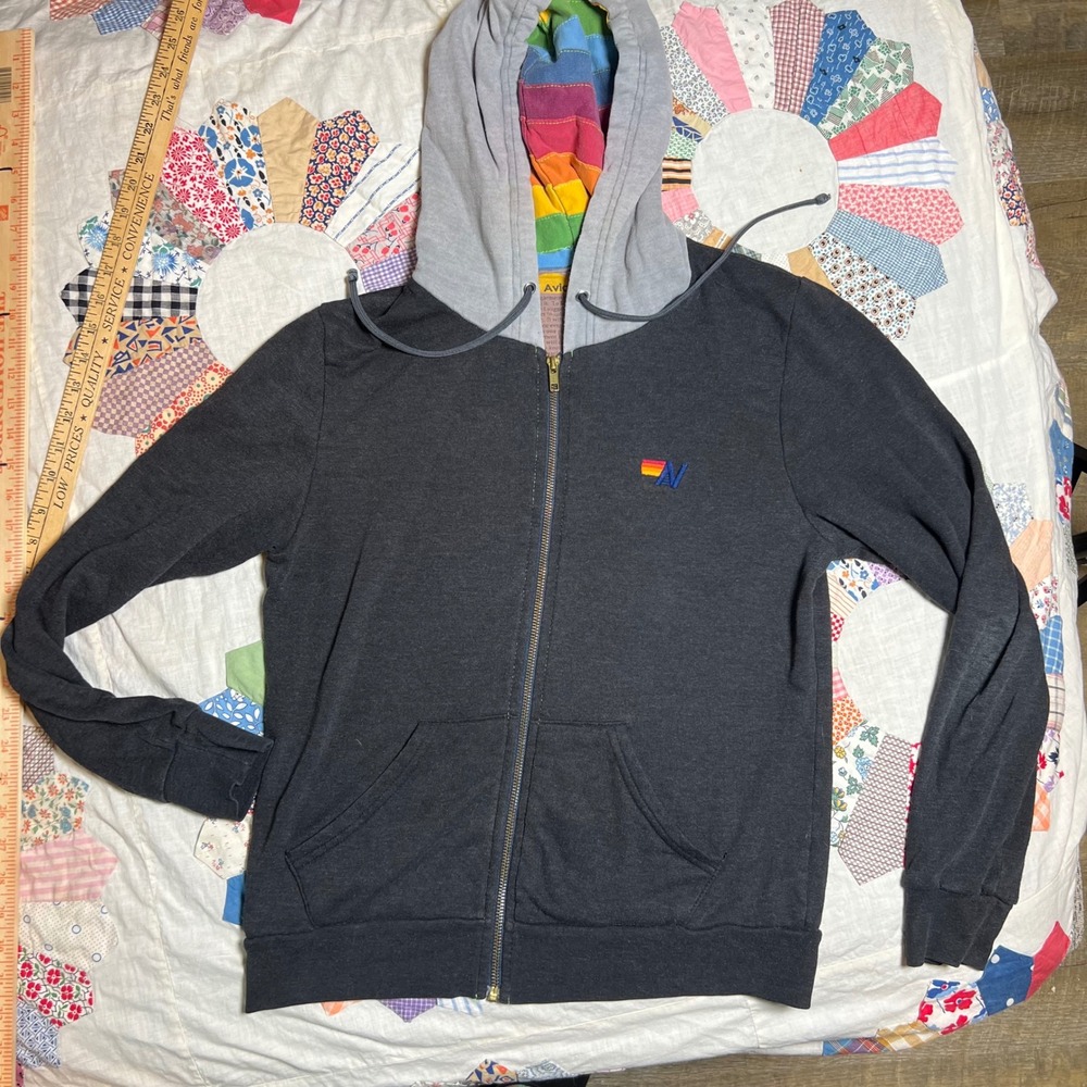 Aviator Nation Charcoal Grey Rainbow Hood Zip Up Hoodie Mens Medium USA Made